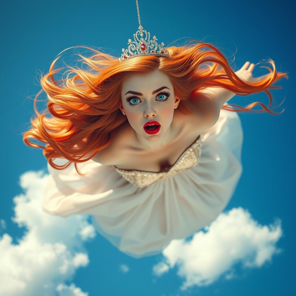 A sexy redhead princess with a sparkling tiara, bright blue eyes, and full red lips is falling gracefully from a clear blue sky, her long, flowing hair cascading around her