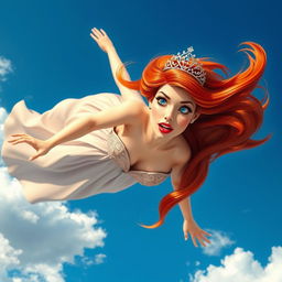 A sexy redhead princess with a sparkling tiara, bright blue eyes, and full red lips is falling gracefully from a clear blue sky, her long, flowing hair cascading around her