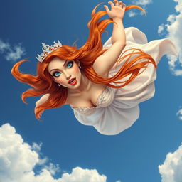 A sexy redhead princess with a sparkling tiara, bright blue eyes, and full red lips is falling gracefully from a clear blue sky, her long, flowing hair cascading around her