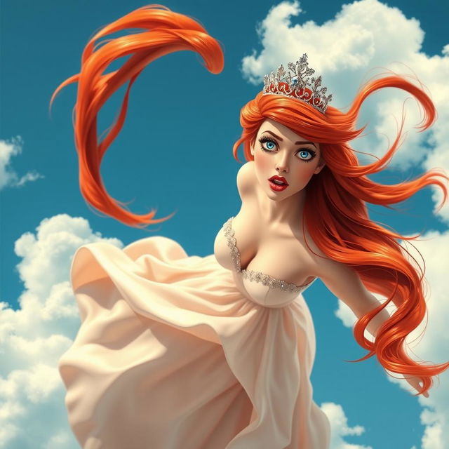 A sexy redhead princess with a sparkling tiara, bright blue eyes, and full red lips is falling gracefully from a clear blue sky, her long, flowing hair cascading around her