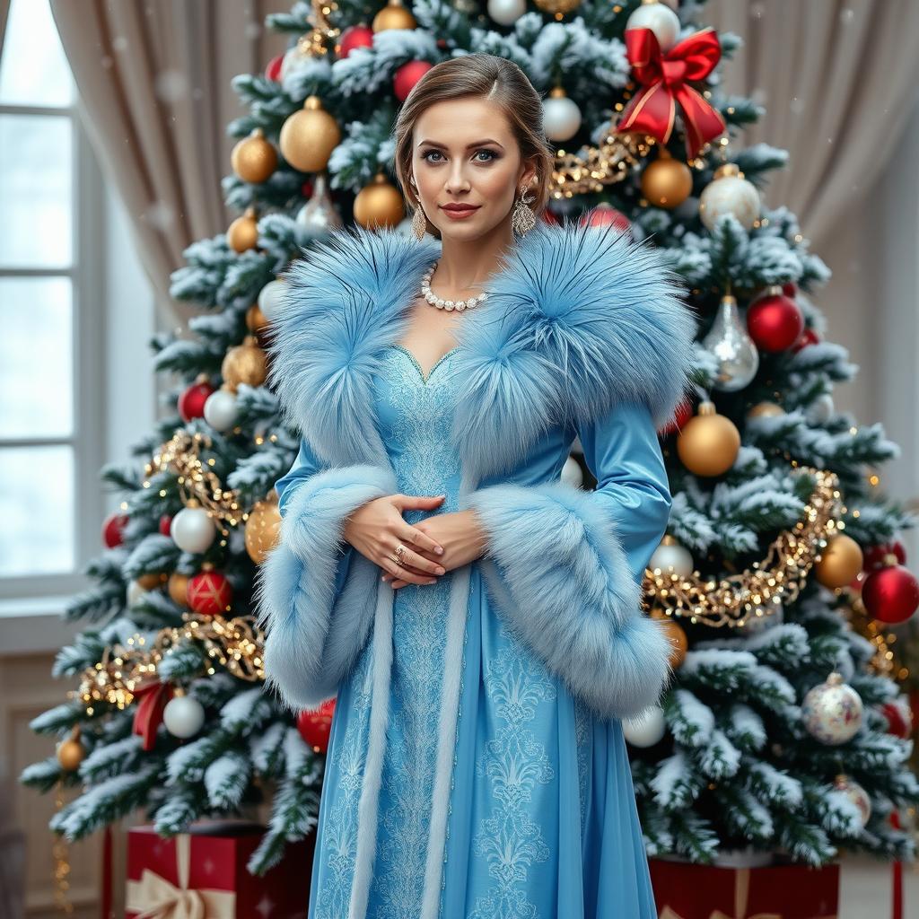 A beautiful Russian woman aged 35 to 45 years, depicted in full length, wearing a sexy blue Snow Maiden costume that features elegant designs and luxurious fur accents