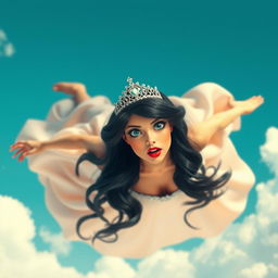 A sexy black-haired princess with a shimmering tiara, striking blue eyes, and red lips, gracefully falling from the sky