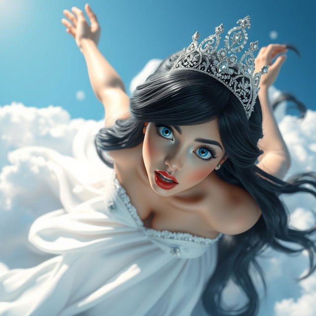 A sexy black-haired princess with a shimmering tiara, striking blue eyes, and red lips, gracefully falling from the sky