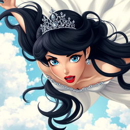A sexy black-haired princess with a shimmering tiara, striking blue eyes, and red lips, gracefully falling from the sky