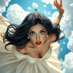 A sexy black-haired princess with a shimmering tiara, striking blue eyes, and red lips, gracefully falling from the sky
