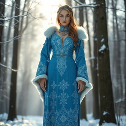 A captivating Russian woman aged 35 to 45 years, shown in full length, wearing a sexy blue Snow Maiden costume with intricate patterns and fur accents