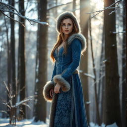 A captivating Russian woman aged 35 to 45 years, shown in full length, wearing a sexy blue Snow Maiden costume with intricate patterns and fur accents