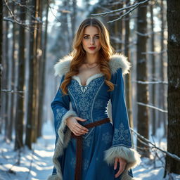 A captivating Russian woman aged 35 to 45 years, shown in full length, wearing a sexy blue Snow Maiden costume with intricate patterns and fur accents