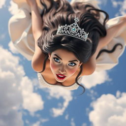 A sexy black-haired princess wearing a sparkling tiara, with striking blue eyes and bold red lips, is gracefully falling from the sky