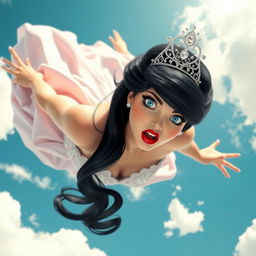 A sexy black-haired princess wearing a sparkling tiara, with striking blue eyes and bold red lips, is gracefully falling from the sky