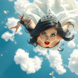 A sexy black-haired princess wearing a sparkling tiara, with striking blue eyes and bold red lips, is gracefully falling from the sky