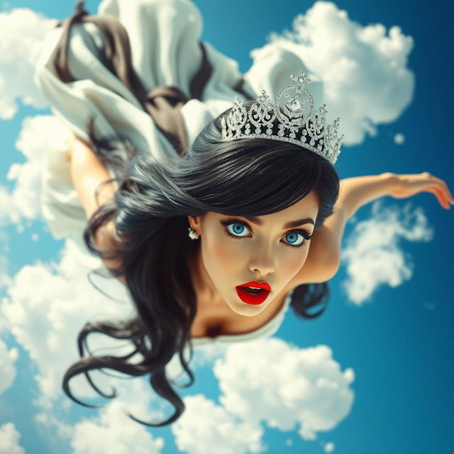 A sexy black-haired princess wearing a sparkling tiara, with striking blue eyes and bold red lips, is gracefully falling from the sky