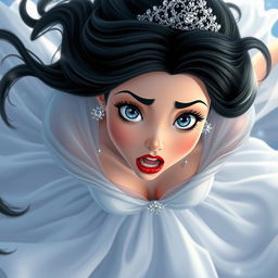 A stunning black-haired princess with a sparkling tiara, captivating blue eyes, and striking red lips, falling from the sky with an expression of fear and surprise