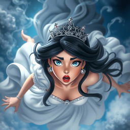 A stunning black-haired princess with a sparkling tiara, captivating blue eyes, and striking red lips, falling from the sky with an expression of fear and surprise