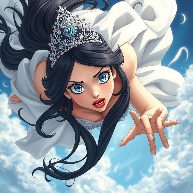 A stunning black-haired princess with a sparkling tiara, captivating blue eyes, and striking red lips, falling from the sky with an expression of fear and surprise