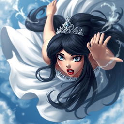 A stunning black-haired princess with a sparkling tiara, captivating blue eyes, and striking red lips, falling from the sky with an expression of fear and surprise