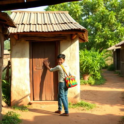 Inside a quaint village, a rustic tin-roofed house sits prominently, with a weathered wooden door at its entrance