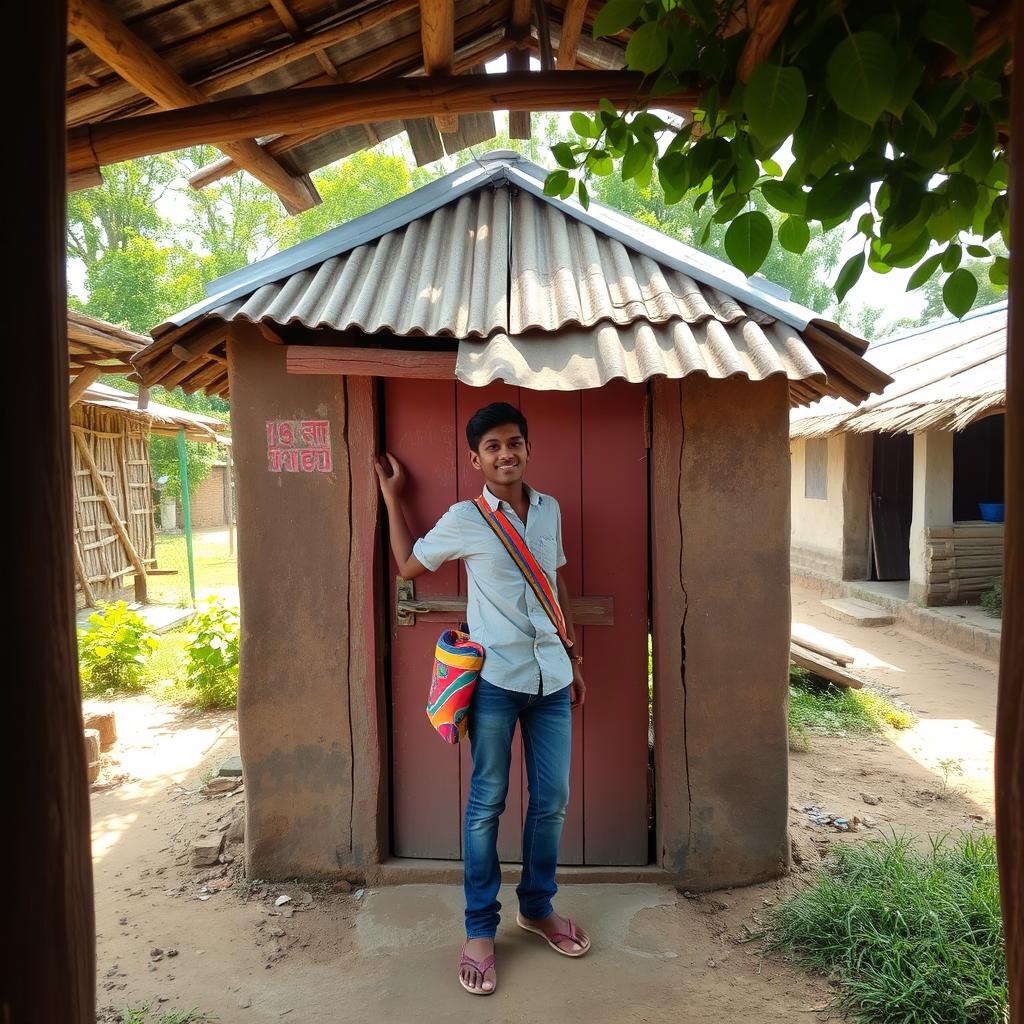 Inside a quaint village, a rustic tin-roofed house sits prominently, with a weathered wooden door at its entrance