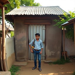 Inside a quaint village, a rustic tin-roofed house sits prominently, with a weathered wooden door at its entrance