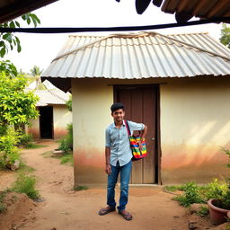 Inside a quaint village, a rustic tin-roofed house sits prominently, with a weathered wooden door at its entrance