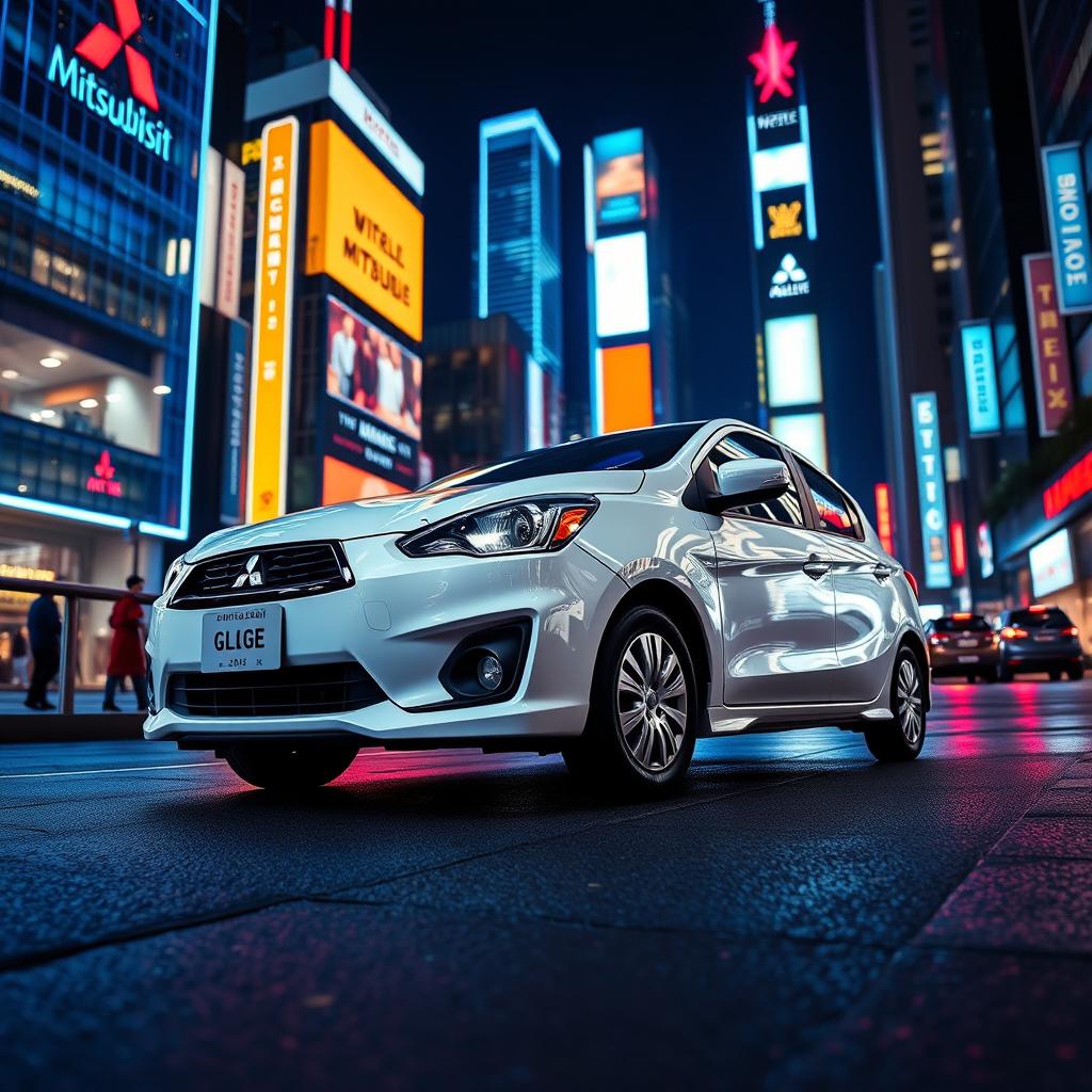 A Mitsubishi Mirage GLX 2015 in pristine white color with a sleek black bumper, parked in a vibrant blue neon-lit city at night