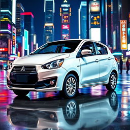 A Mitsubishi Mirage GLX 2015 in pristine white color with a sleek black bumper, parked in a vibrant blue neon-lit city at night