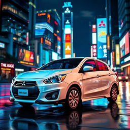 A Mitsubishi Mirage GLX 2015 in pristine white color with a sleek black bumper, parked in a vibrant blue neon-lit city at night
