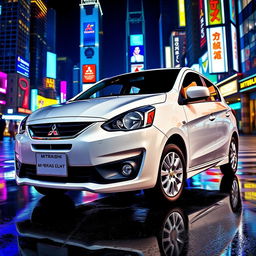 A Mitsubishi Mirage GLX 2015 in pristine white color with a sleek black bumper, parked in a vibrant blue neon-lit city at night