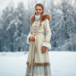 A stylish Russian woman aged 35 to 45 years, depicted in full length, dressed in a modest yet elegant Snow Maiden outfit
