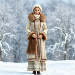 A stylish Russian woman aged 35 to 45 years, depicted in full length, dressed in a modest yet elegant Snow Maiden outfit