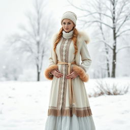 A stylish Russian woman aged 35 to 45 years, depicted in full length, dressed in a modest yet elegant Snow Maiden outfit