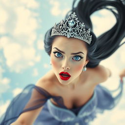 A sexy black-haired princess wearing an exquisite tiara, graceful and alluring, her sparkling blue eyes wide open in fear as she falls from the sky