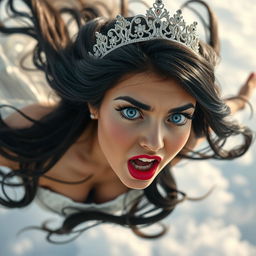 A sexy black-haired princess wearing an exquisite tiara, graceful and alluring, her sparkling blue eyes wide open in fear as she falls from the sky