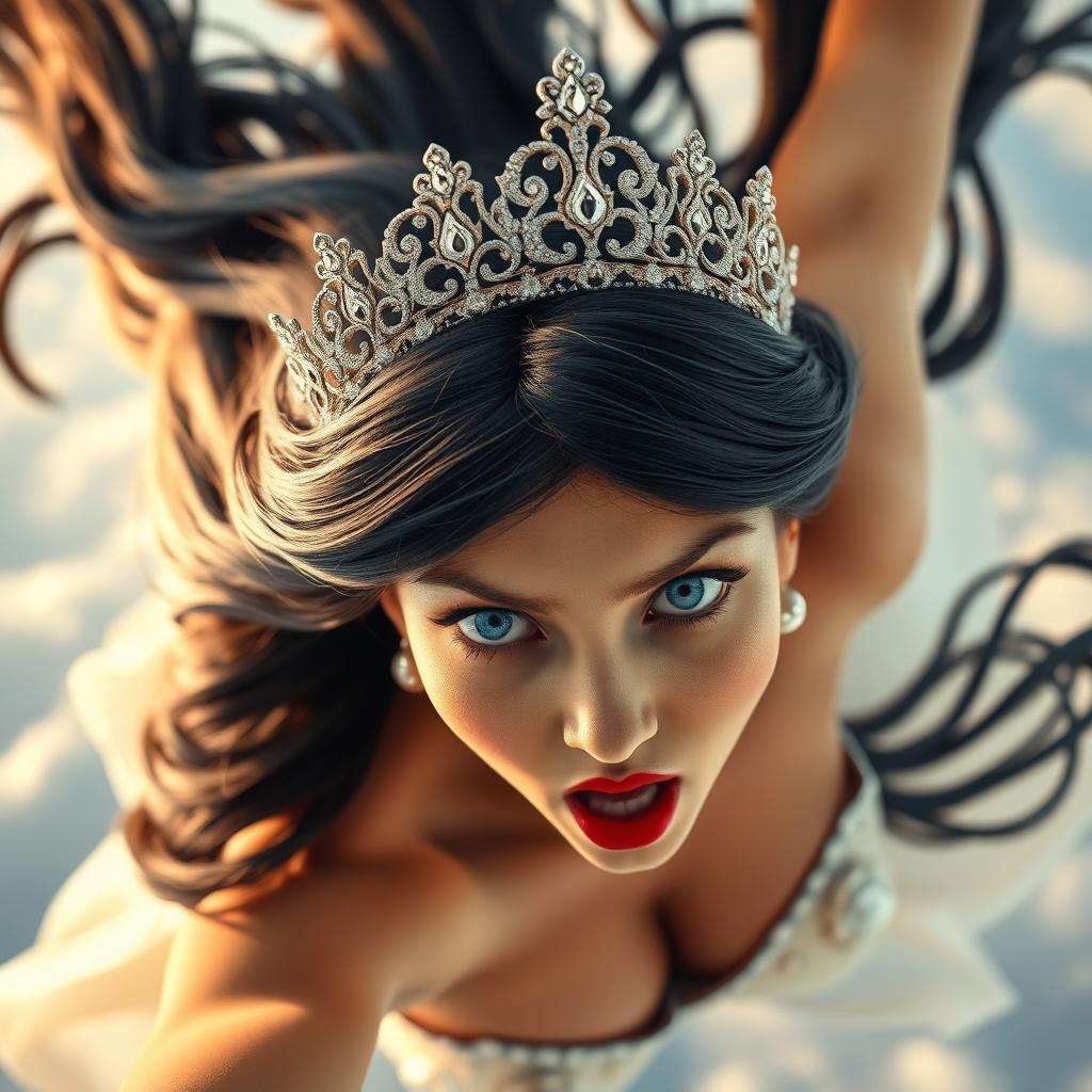 A sexy black-haired princess wearing an exquisite tiara, graceful and alluring, her sparkling blue eyes wide open in fear as she falls from the sky