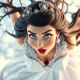 A sexy black-haired princess wearing an exquisite tiara, graceful and alluring, her sparkling blue eyes wide open in fear as she falls from the sky