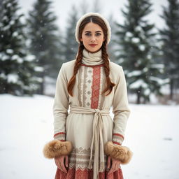 A refined Russian woman aged 35 to 45 years, depicted in full length, wearing a modest yet stylish Snow Maiden outfit featuring delicate patterns and soft fabric
