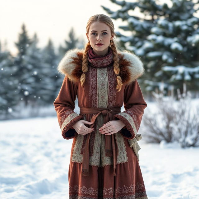 A refined Russian woman aged 35 to 45 years, depicted in full length, wearing a modest yet stylish Snow Maiden outfit featuring delicate patterns and soft fabric