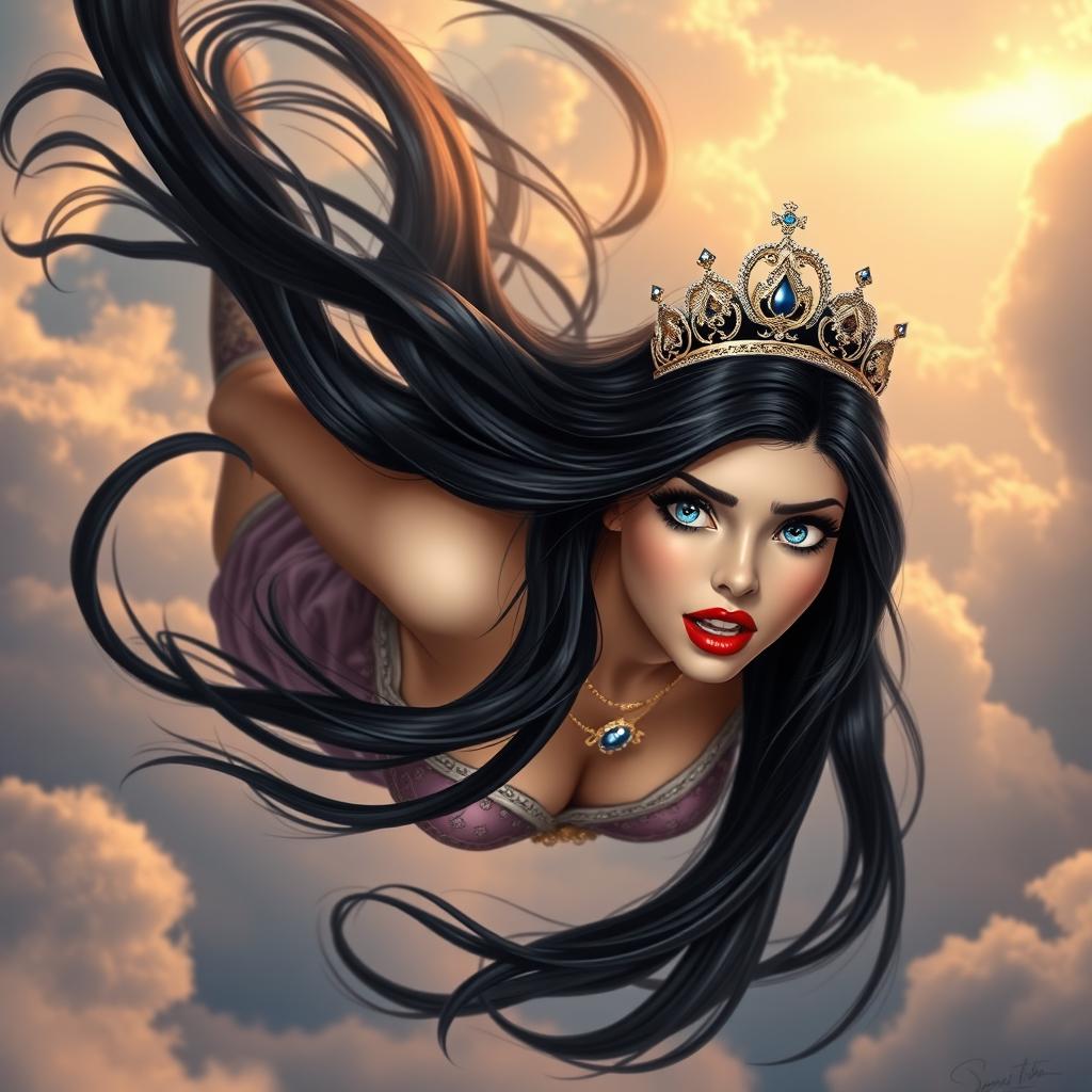 A sexy black-haired princess wearing an elegant tiara, with striking blue eyes and vibrant red lips, is gracefully falling from the sky