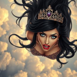 A sexy black-haired princess wearing an elegant tiara, with striking blue eyes and vibrant red lips, is gracefully falling from the sky
