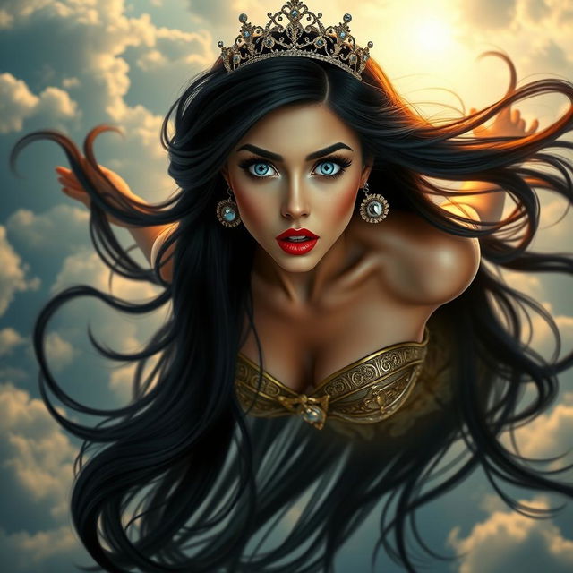 A sexy black-haired princess wearing an elegant tiara, with striking blue eyes and vibrant red lips, is gracefully falling from the sky