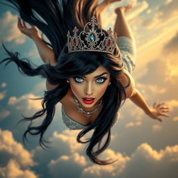 A sexy black-haired princess wearing an elegant tiara, with striking blue eyes and vibrant red lips, is gracefully falling from the sky