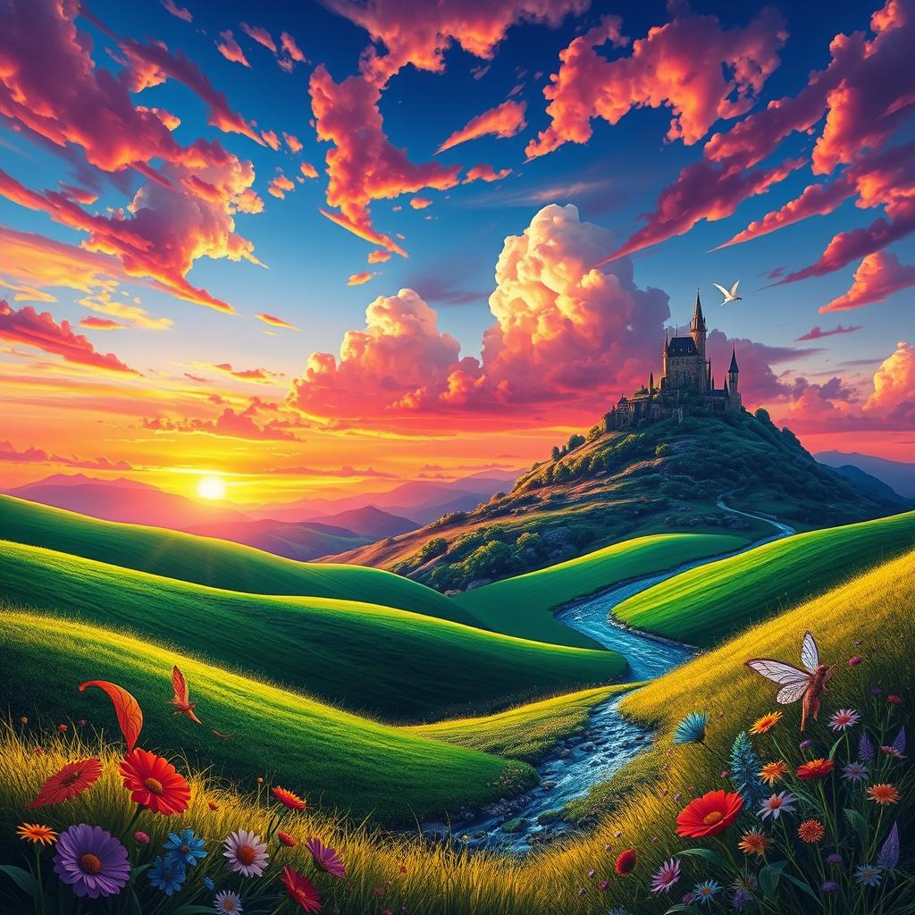 A vibrant and colorful digital artwork depicting a lush fantasy landscape, with rolling green hills, a sparkling blue river winding through the scene, and a majestic castle on a hill in the background