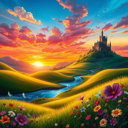 A vibrant and colorful digital artwork depicting a lush fantasy landscape, with rolling green hills, a sparkling blue river winding through the scene, and a majestic castle on a hill in the background