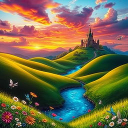 A vibrant and colorful digital artwork depicting a lush fantasy landscape, with rolling green hills, a sparkling blue river winding through the scene, and a majestic castle on a hill in the background