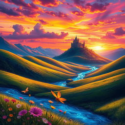 A vibrant and colorful digital artwork depicting a lush fantasy landscape, with rolling green hills, a sparkling blue river winding through the scene, and a majestic castle on a hill in the background