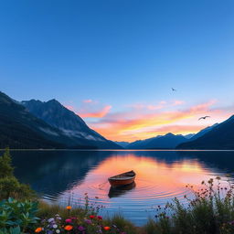 A serene landscape featuring a tranquil lake surrounded by majestic mountains under a clear blue sky