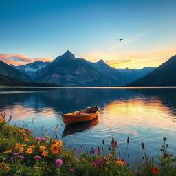 A serene landscape featuring a tranquil lake surrounded by majestic mountains under a clear blue sky