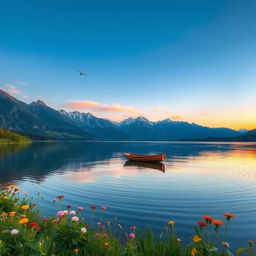 A serene landscape featuring a tranquil lake surrounded by majestic mountains under a clear blue sky