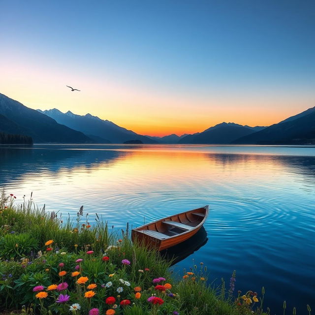 A serene landscape featuring a tranquil lake surrounded by majestic mountains under a clear blue sky