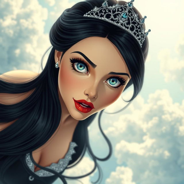 A sexy black-haired princess wearing a sparkling tiara, with striking blue eyes and luscious red lips, is depicted falling from the sky